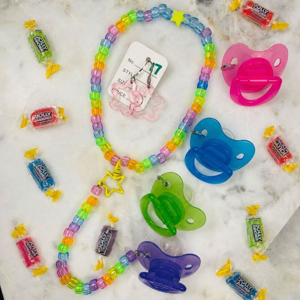 6pc Rainbow convertible Necklace & removable binky cord/bracelet 2 pair earrings - Picture 4 of 7